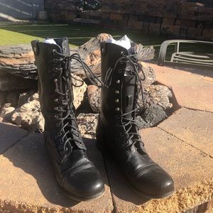 Black Faux Leather Lace-up Combat Moto Boots, w/cool turquoise lined Back Zipper